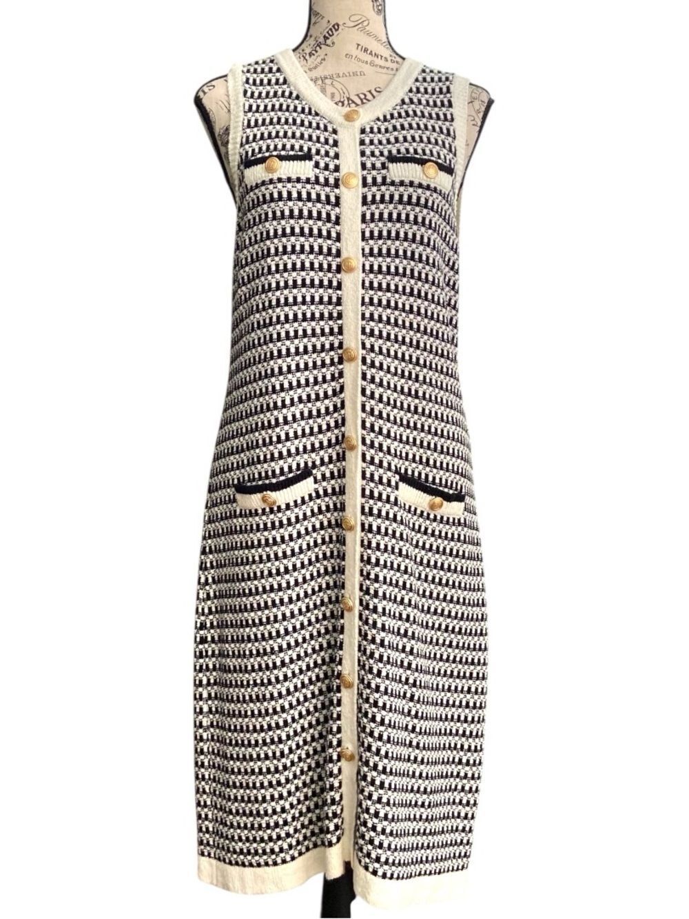 Talbots Sleeveless Black & Cream Knit Button-Front Dress in Size Medium